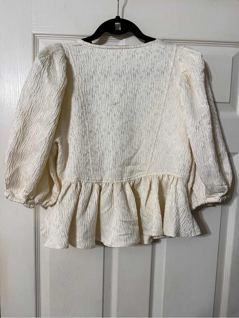Free People Cream Textured Peplum Blouse with Black Bow - Picture 2 of 4